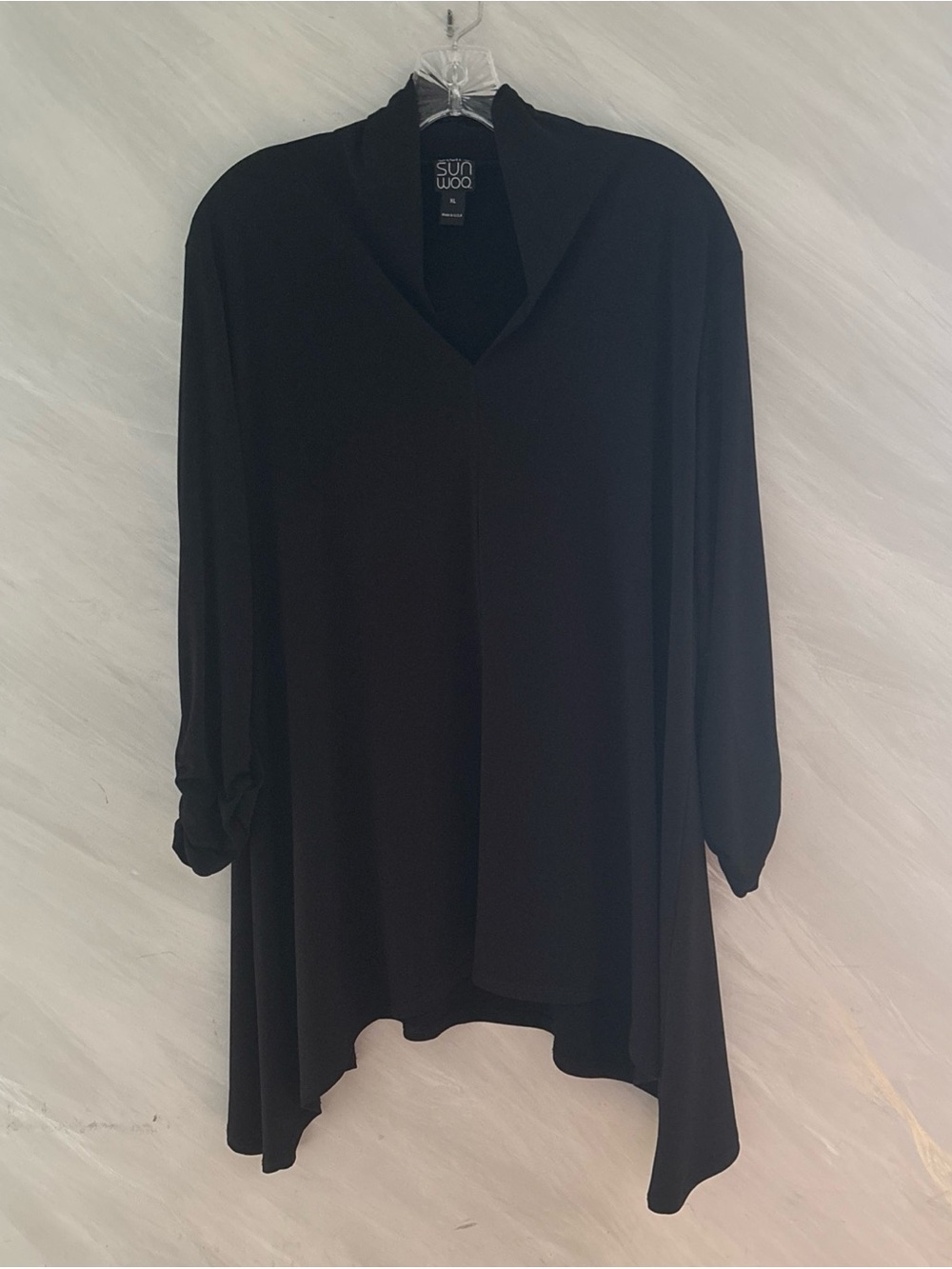 Clara Sun Woo XL Black V-Neck 3/4 Sleeve Asym Hem Stretch Tunic Top Goth